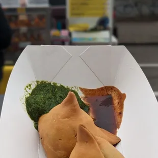 Punjabi samosa and paneer samosa with the sweet/ spicy sauces