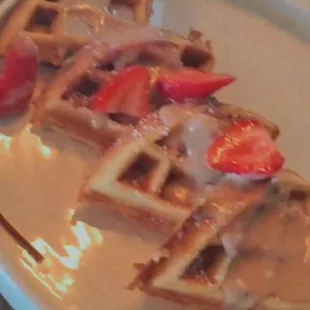Waffles with a delicious creamy pecan bourbon syrup.