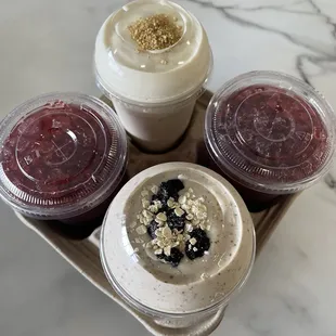 Vanilla wafer shake, oatmeal raisin cookie shake and two skittles flavored teas