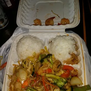 The shrimp stir fry includes 3 or 4 shrimp and costs $10.99.