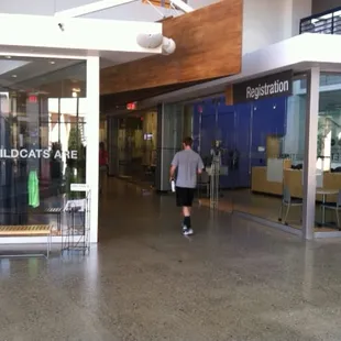 The rec. center as you walk in the main entrance. A place to replenish your workout and a clothing store is at the main lobby.