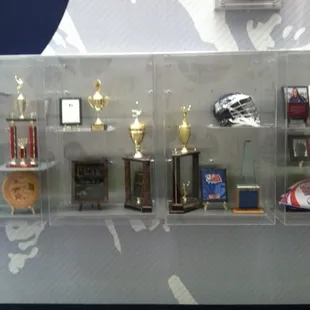 Rugby trophies on display.