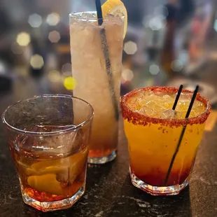 Happy Hour cocktails (Classic Old Fashioned, Long Day Long Island and Mangonada Margarita)