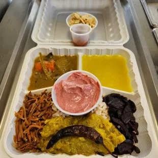 Vegetarian Quick Meal with Chamba rice, Carrot, Zuccini, Beets, Lenthil Curry, Sambar and Beet Pachadi