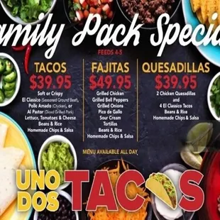 All 3 come with a pint of rice, a pint of beans, and a 8oz salsa with chips Great way to feed a family!