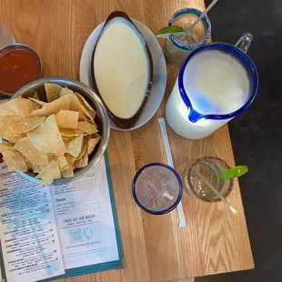 Cheese dip large. Chips. Frozen pitcher. And salsa.