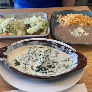 Spinach queso, chicken tacos w/rice and beans
