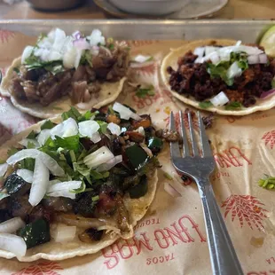 Rojas taco, Carnitas taco, Chorizo taco