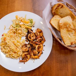 a plate of food and bread