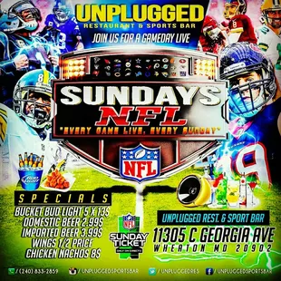Every Sunday is NFL Sunday Funday Football @unpluggedsportsbar
Experience #NFLSundaytix Every Game Live.
#gametimespecials