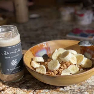 Dirty chai latte and home-made granola bowl
