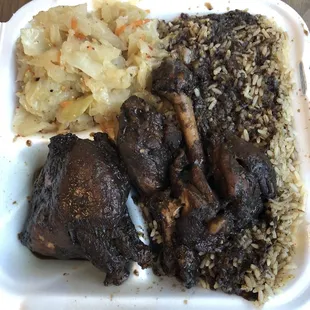 Jerk chicken &amp; steamed vegetables &amp; rice. This is two orders put in one container