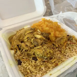 Chicken curry, cabbage, and rice.