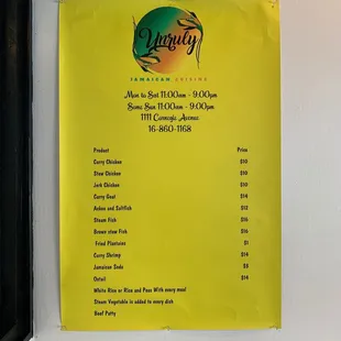 a menu on a wall