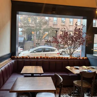 a view of a restaurant with a car parked in the window