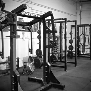 Several squat racks, combo racks, and a mono lift.