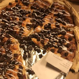$18 'dessert pizza', which is just a hard pizza crust with hard chocolate chips dumped on it.