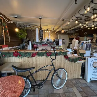 a bicycle parked in front of the counter