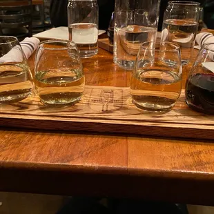 glasses of wine on a wooden tray