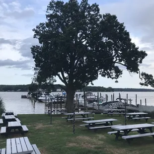 picnic tables and boats
