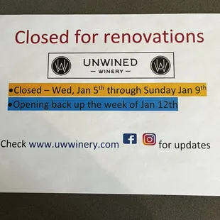 Closed January 5th - 9th for renovations