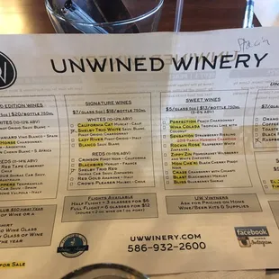 Menu, highlighted ones have bottles available.