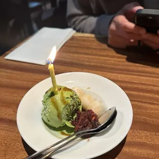Green tea ice cream with red bean and the chewiest mochi I&apos;ve ever had for birthday treat!
