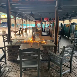 a patio with a fire pit