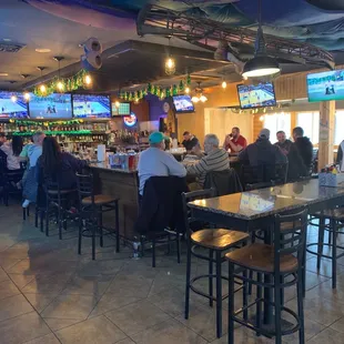 a large group of people sitting at a bar