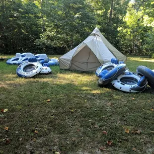 Tubing and gear and tent
