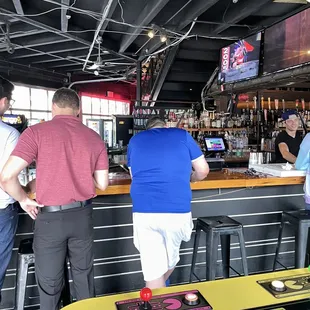 a group of people at a bar