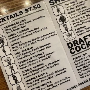 Cocktails and shots menu