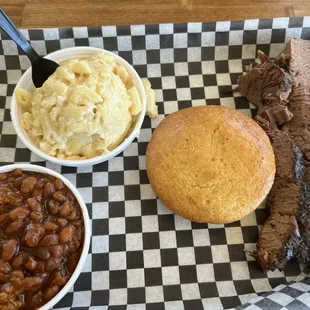 BBQ Beans, Mac and Cheese, cornbread muffintop, brisket