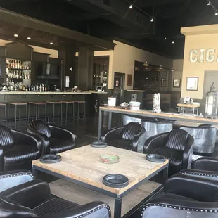a bar with black leather chairs