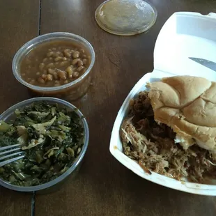 Minced pork,  greens and baked beans.