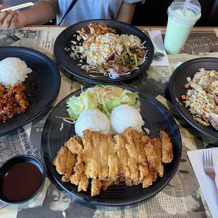 Fried rice, katsu, spicy garlic chicken, and Mongolia Beef