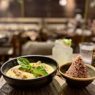 Mock duck green curry with brown rice