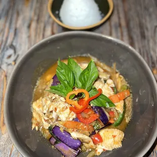 Eggplant Basil (~$15) with Chicken (+$1)