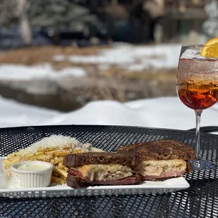 a plate of food and a drink