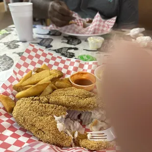 Sorry for finger in pic. Catfish dinner and BBQ pulled dinner