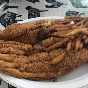 2 piece catfish dinner with fries and potato salad