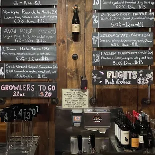 menus and wine bottles on a wall