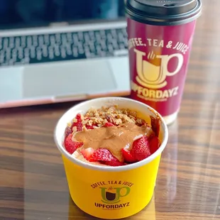 Yogurt bowl with organic almond butter, strawberry, bananas + BFF