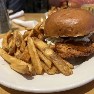 a chicken sandwich and french fries