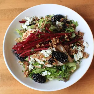 BLACKBERRY &amp; BEETS
mixed greens, smoked turkey, red beets, Edsel'd granola, blackberries, &amp; goat cheese