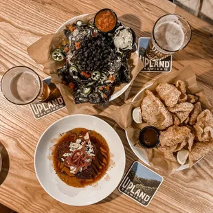 plates of food on a wooden table