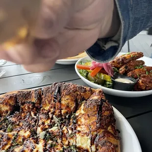 Wings, margarita pizza