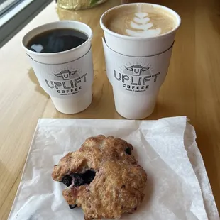 Black coffee (La Brea dark roast from Meridian, KS), Walnut Honey Latte (half sweet) and Lemon Blueberry Scone