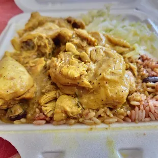 Curry Chicken, Rice and Peas, Cabbage