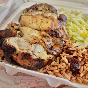 Jerk Chicken, Rice and Peas, Cabbage
